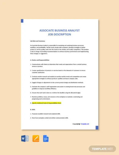 free associate business analyst job description template