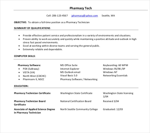 full time pharmacy technician resume