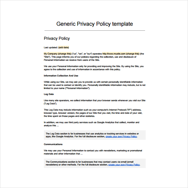 general privacy policy format