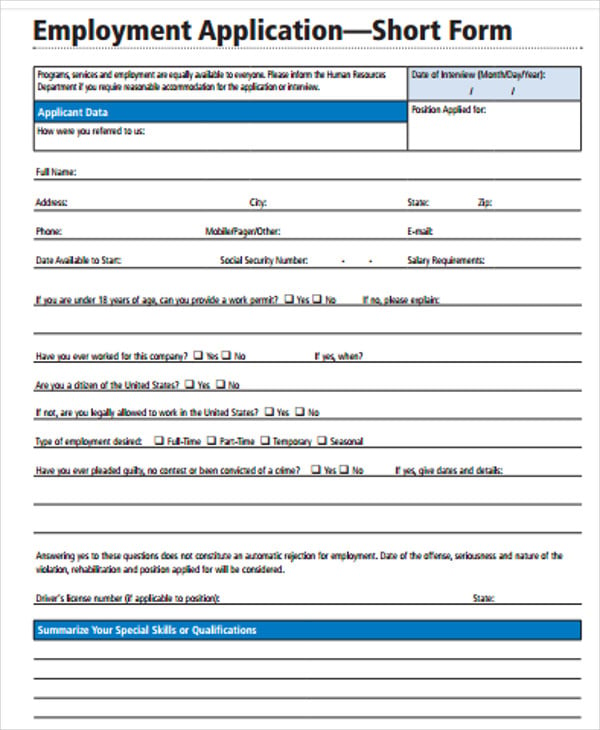 generic employment application form