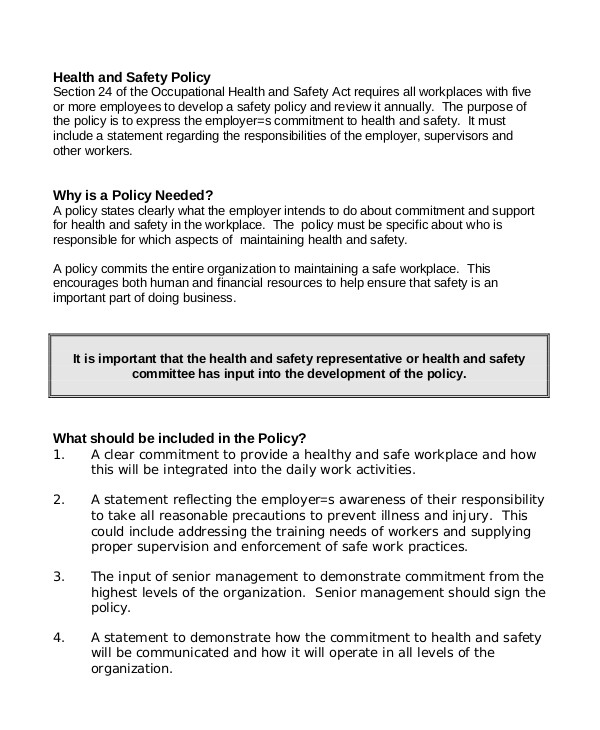 Health And Safety Policy Template Ontario