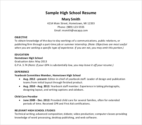10  Sample High School Resume Templates PDF DOC
