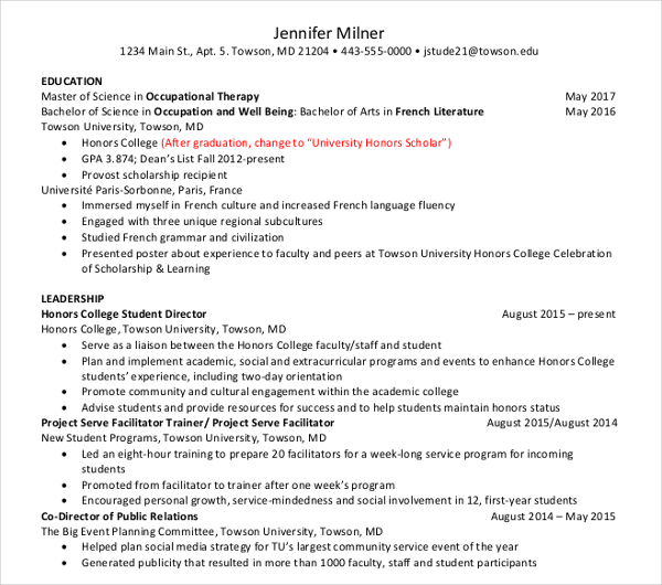 honors college leadership resume