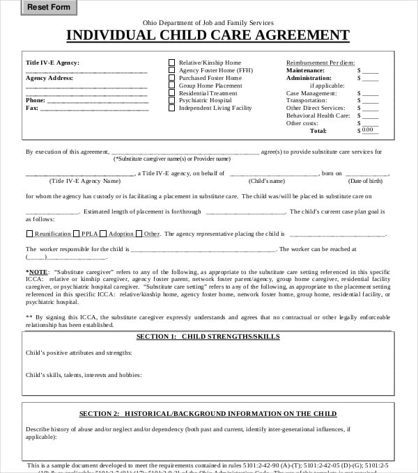 individual child care services agreement