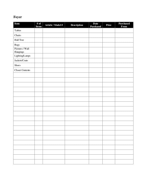 insurance home contents inventory worksheet