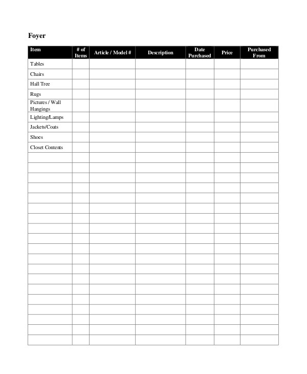 Printable Home Contents Inventory List Template