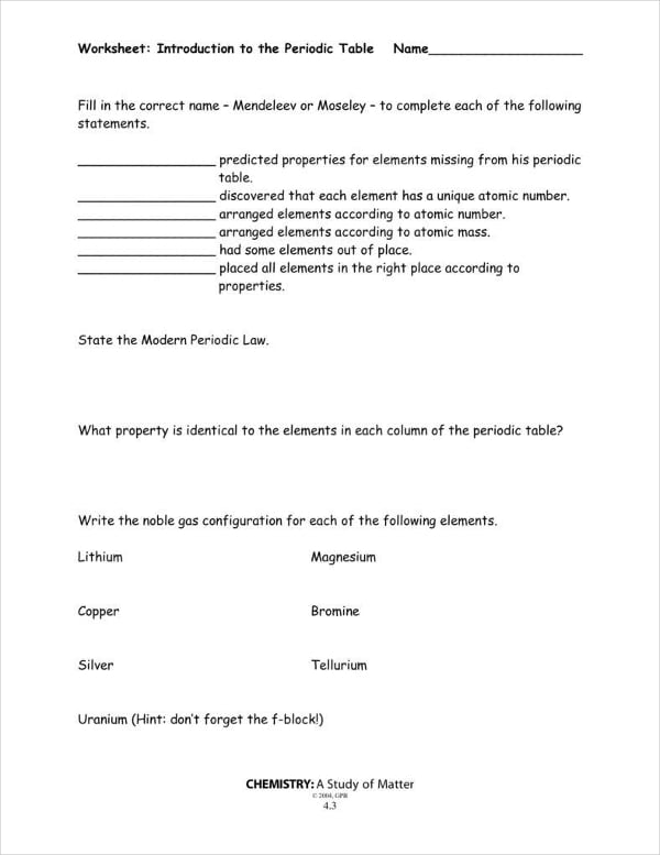 introduction to the periodic table worksheet