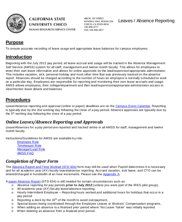 9+ Absence Report Templates PDF, Word