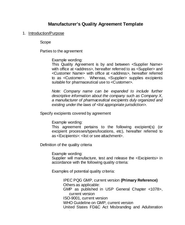 manufacturer’s quality agreement template 