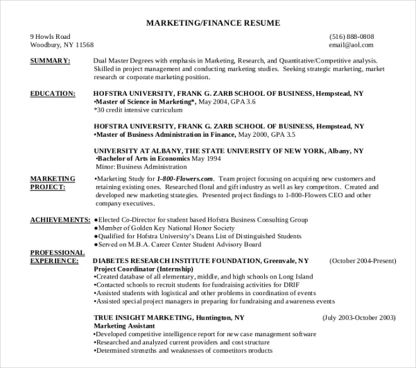 marketing finance resume