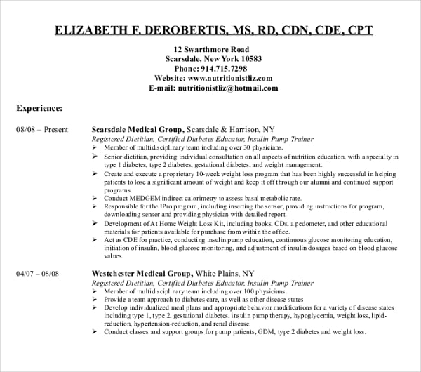 medical nutrionist resume template