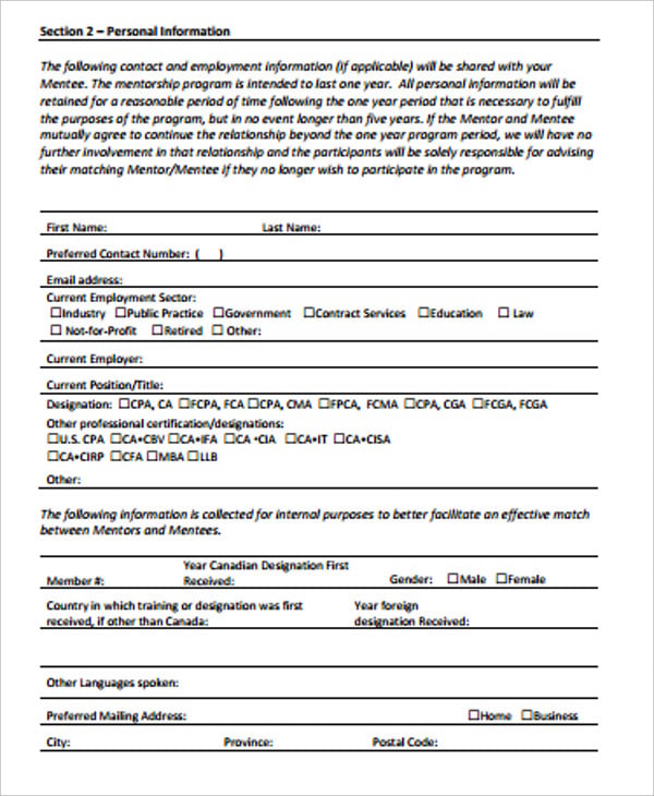 10  Mentor Application Forms PDF