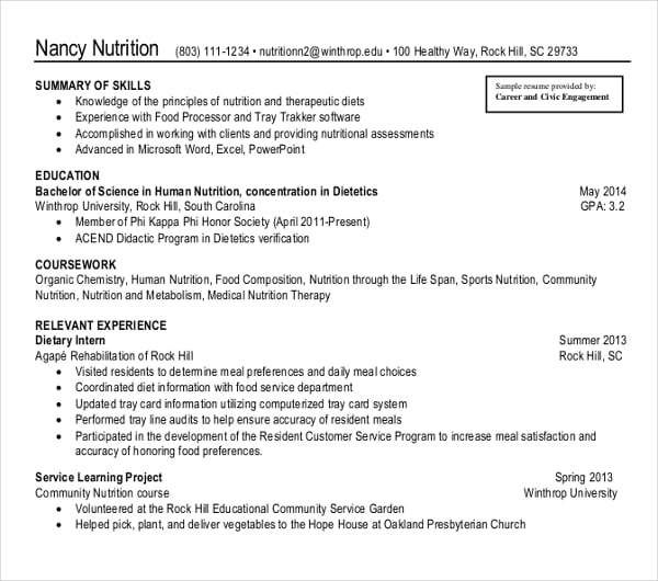 nancy nutrition resume template