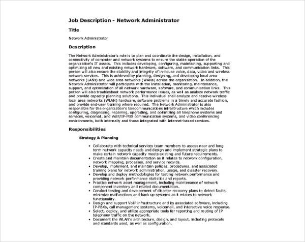 Job description of network administrator