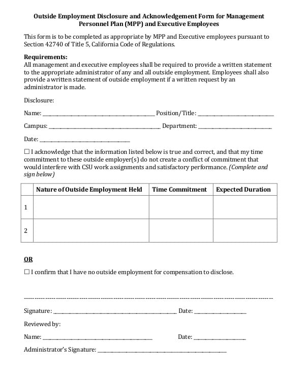 outside employment acknowledgement form