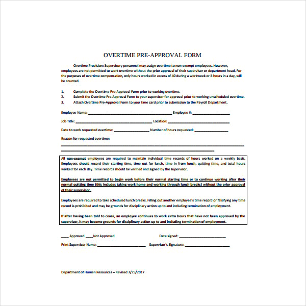 overtime pre approval permit form