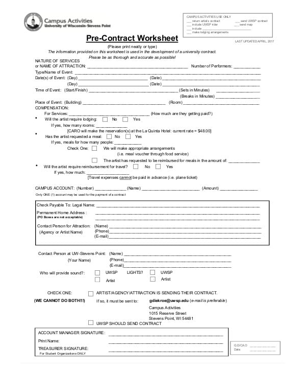 pre contract of employment worksheet