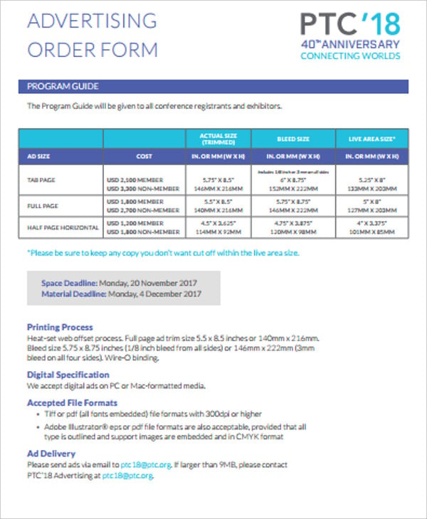 printable advertising order form