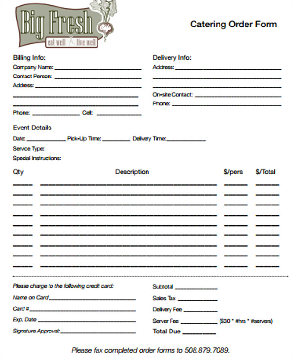 Free Catering Order Template Printable Templates