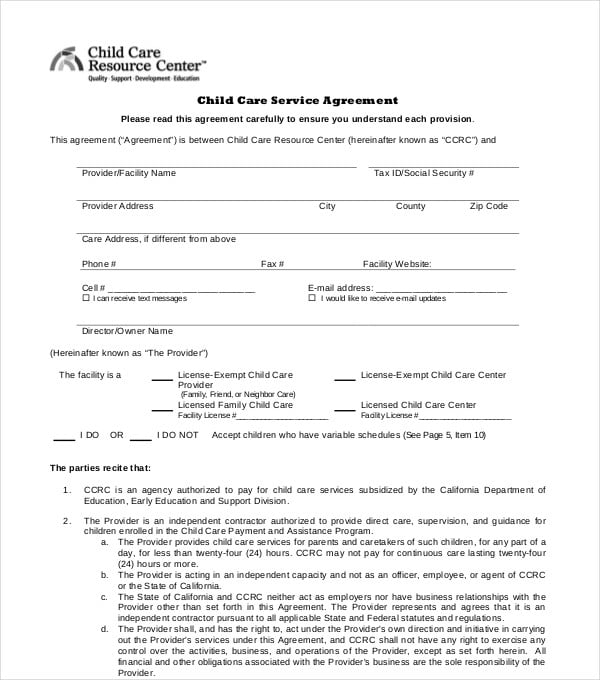 printable childcare services agreement