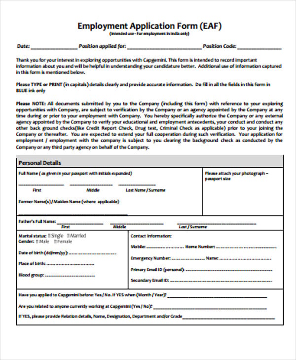 printable employment application form