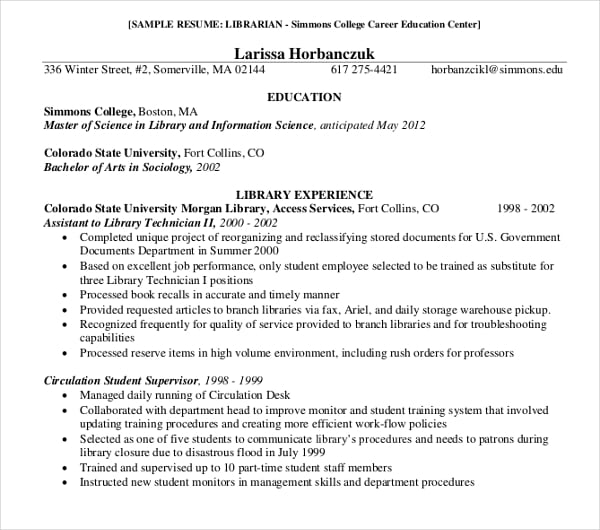 professional librarian resume template