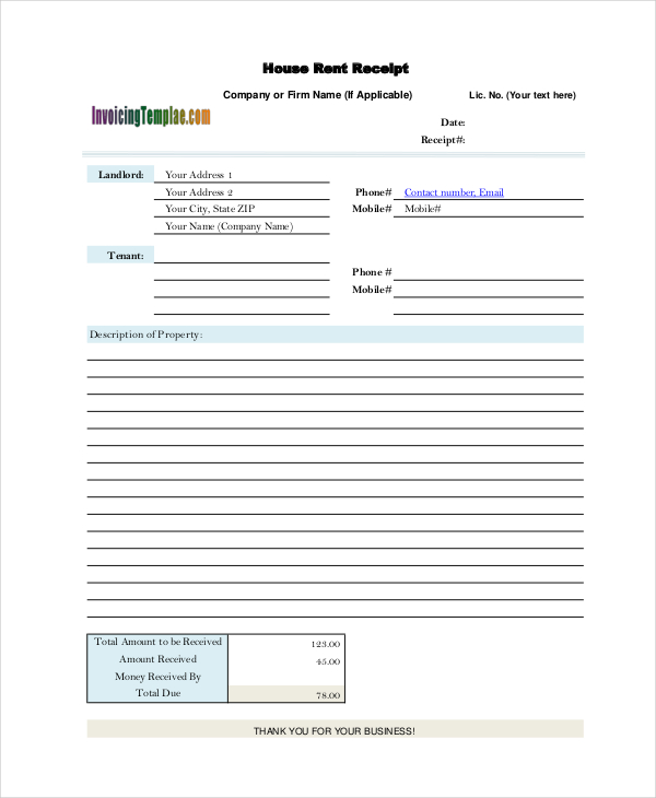 rent cash payment receipt template