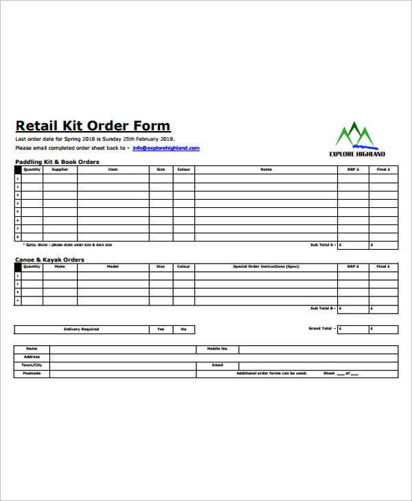 retail kit order form