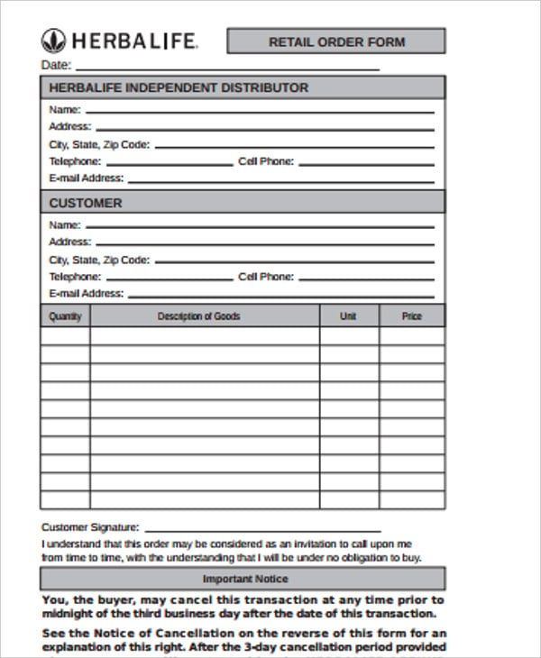 retail order form