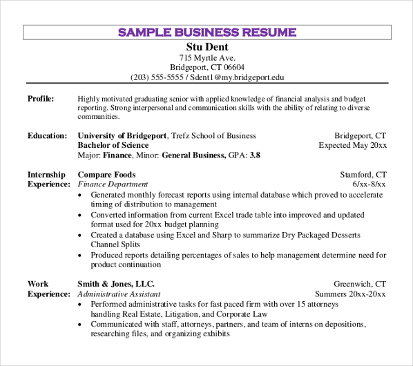 sample business resume template
