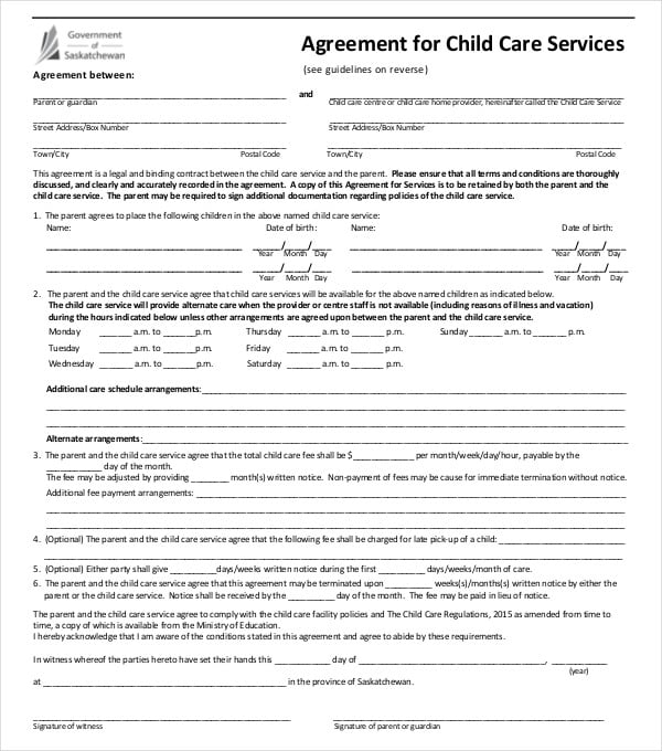 sample child care services agreement