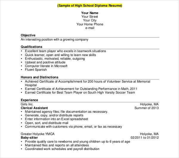 sample high school diploma resume