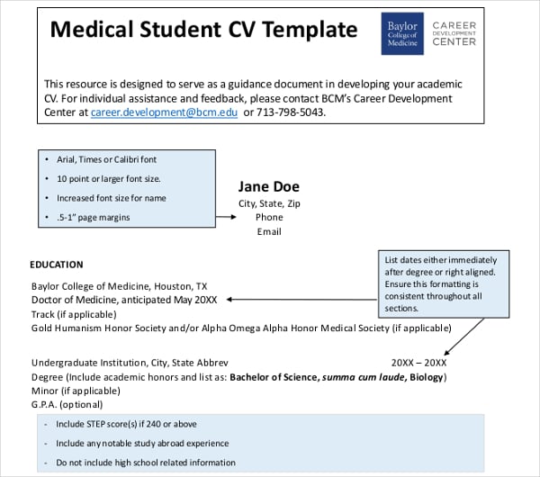 sample medical student cv template