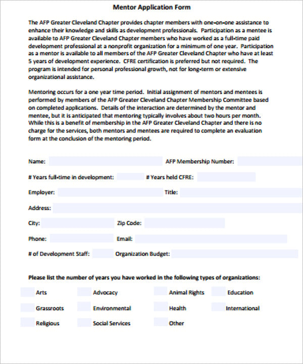 sample mentor application form
