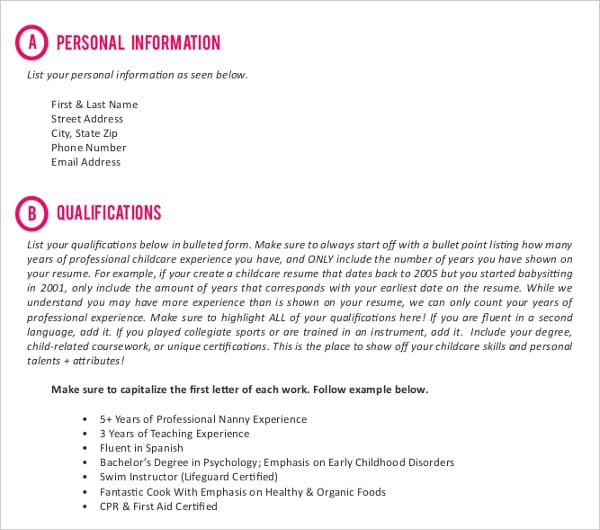 sample nanny resume template