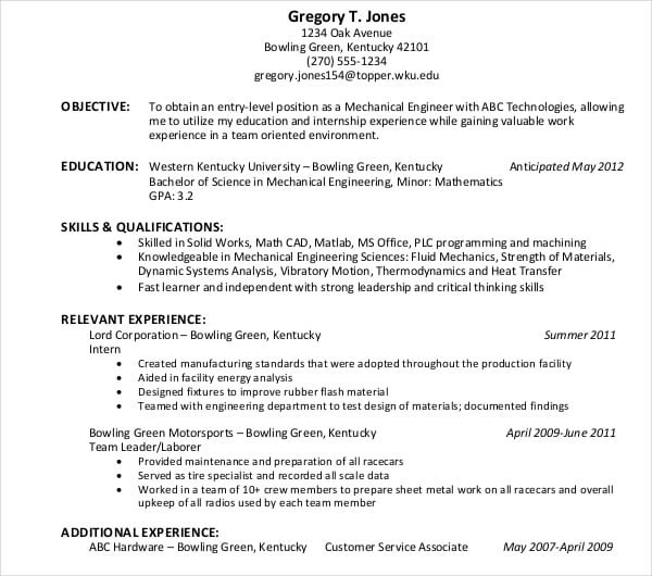sample resume for engineering students