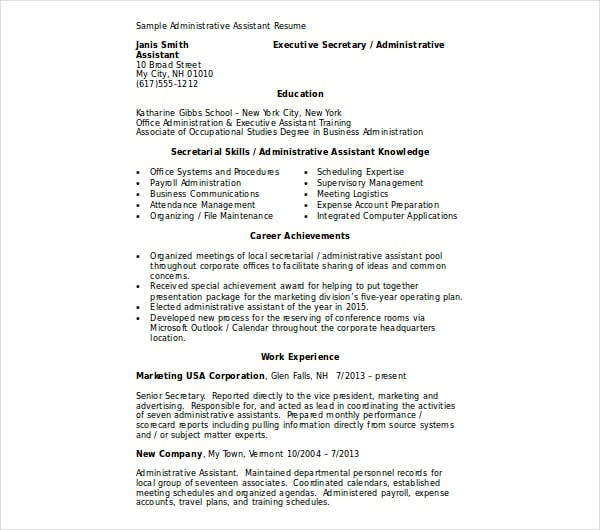 secretarial administrative assistant resume template