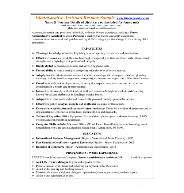 senior administrative assistant resume template