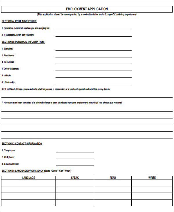 simple employment application form