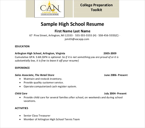 simple high school resume