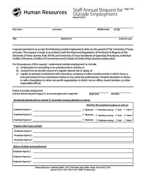 staff annual request form for outside employment
