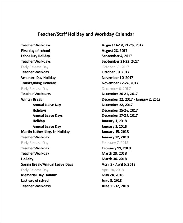 calendario delle vacanze e dei giorni lavorativi del personale