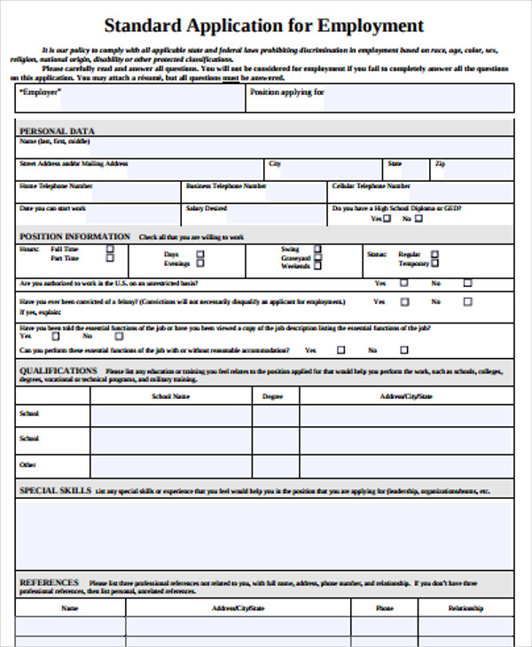 Blank Job Application Form Samples Download Free Forms Templates In 