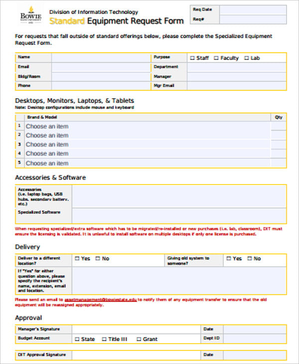 standard equipment request form