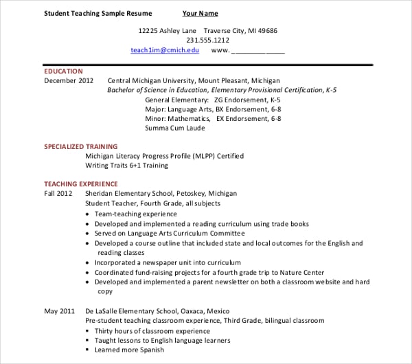 sample resume for teaching job with experience pdf