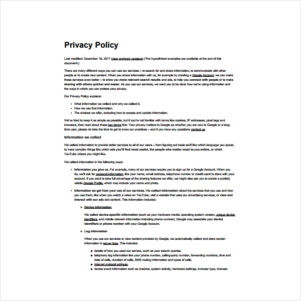 12+ Privacy Policy Templates PDF, Word