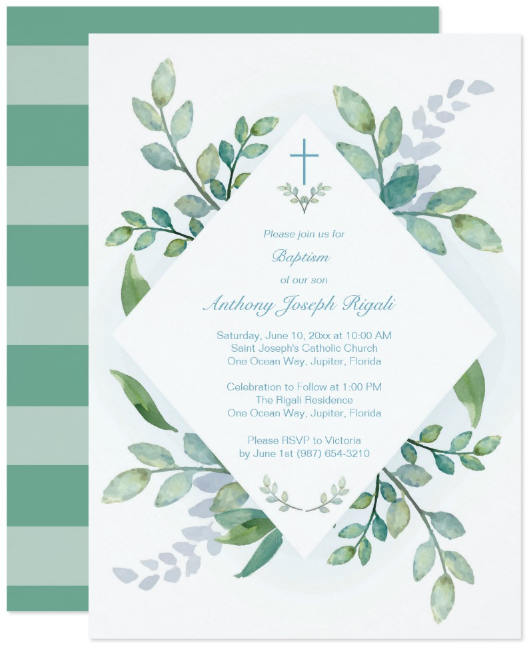 greenery christening invitation template
