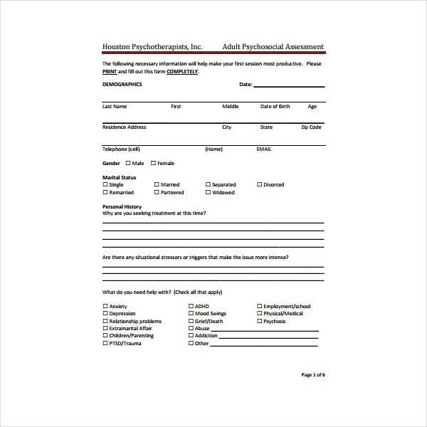 6 Psychosocial Assessment Templates Pdf 1467