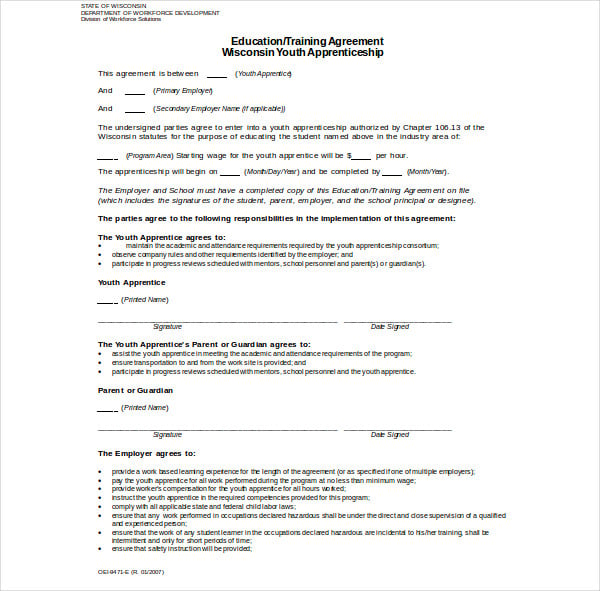 Free Apprenticeship Contract Of Employment Template Printable Templates