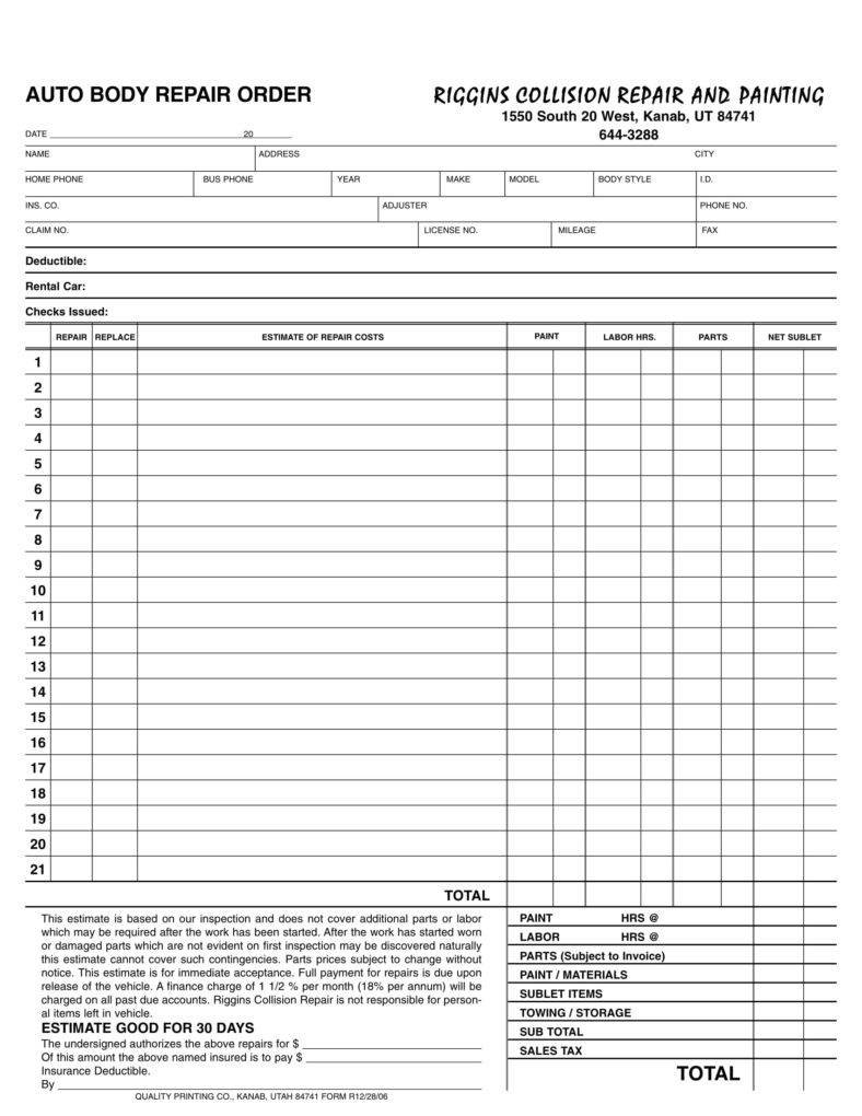 Pdf Free Printable Auto Repair Invoice Template Printable Templates